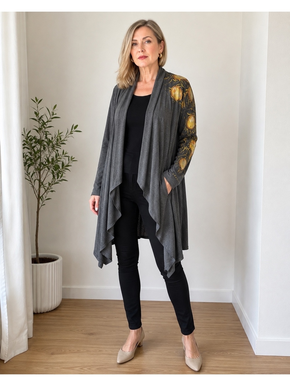 Hand Painted Gray Draped Cardigan Women’s Size M Art to Wear Made in USA